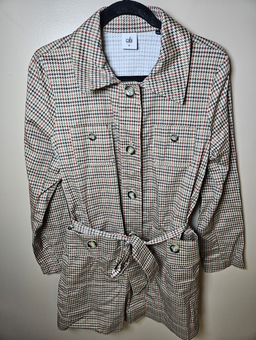 Cabi Tan Multicolor Houndstooth Mid Length Button Trench Coat Medium Spring